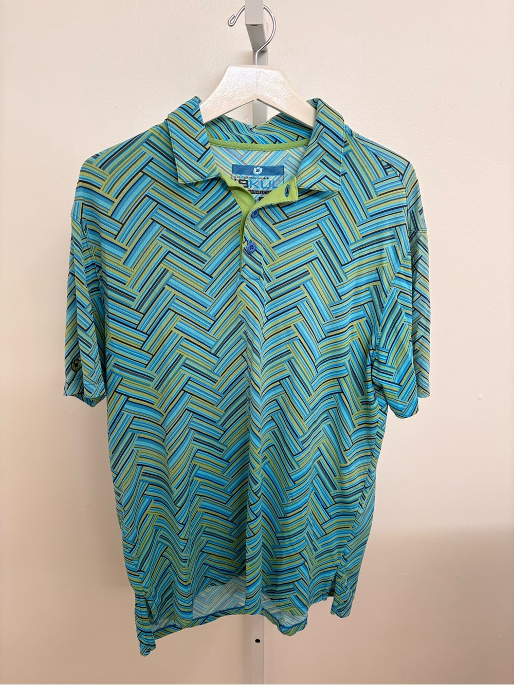 IBKUL Teal and Lime Geometric-Print Polo